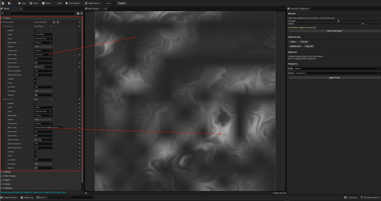 Screenshot 03 — Source Stack — Left panel with 3-4 source layers — noise, painted, shape — each with type badge, blend mode, opacity, and target-field selector visible.