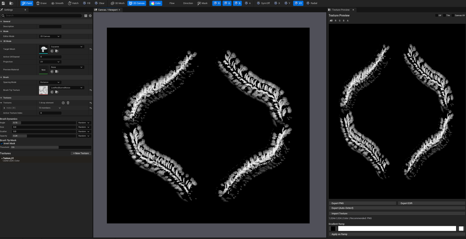 Screenshot 02 — Custom brush tip stamps — Multiple stamps from a stylized brush tip (splatter / leaf / hatch shape) clearly visible on the canvas. Brush tip texture preview in the Settings panel showing the alpha mask currently loaded.