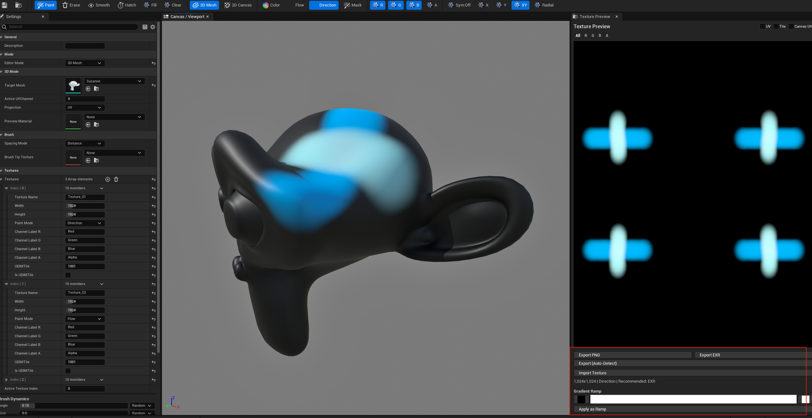 Screenshot 06 — PNG + EXR export — Content Browser showing freshly-exported PNG and EXR assets from a paint session. Source mesh in the level using the painted texture.