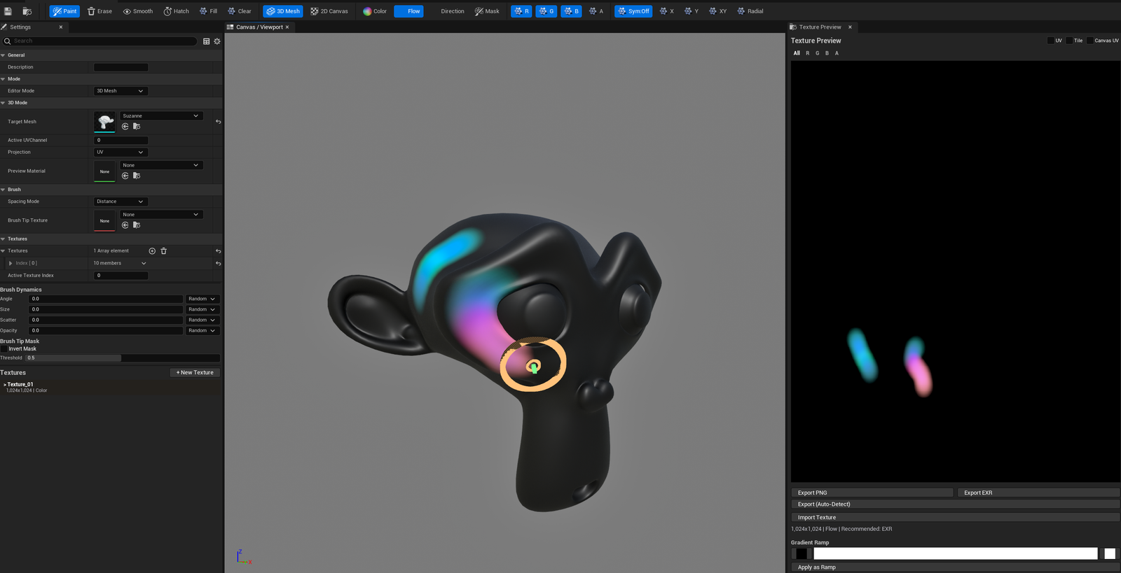 Screenshot 01 — Hero shot — Editor open with a paint stroke mid-action on a 3D mesh — Settings panel on the left, painted mesh in the viewport, brush gizmo visible at the cursor.