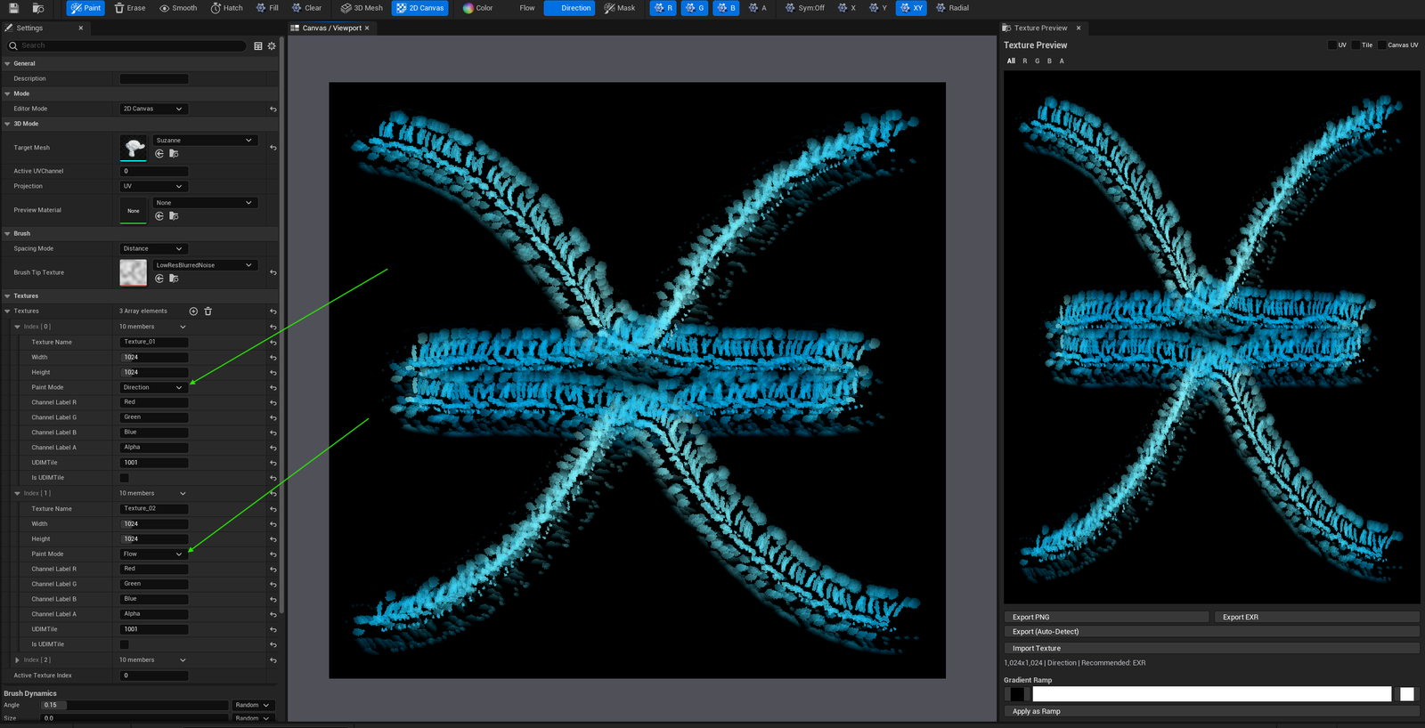 Screenshot 03 — Mask mode + channel packing — Mask mode active with three independently-painted channels (R / G / B) composed into a final channel-packed result alongside.