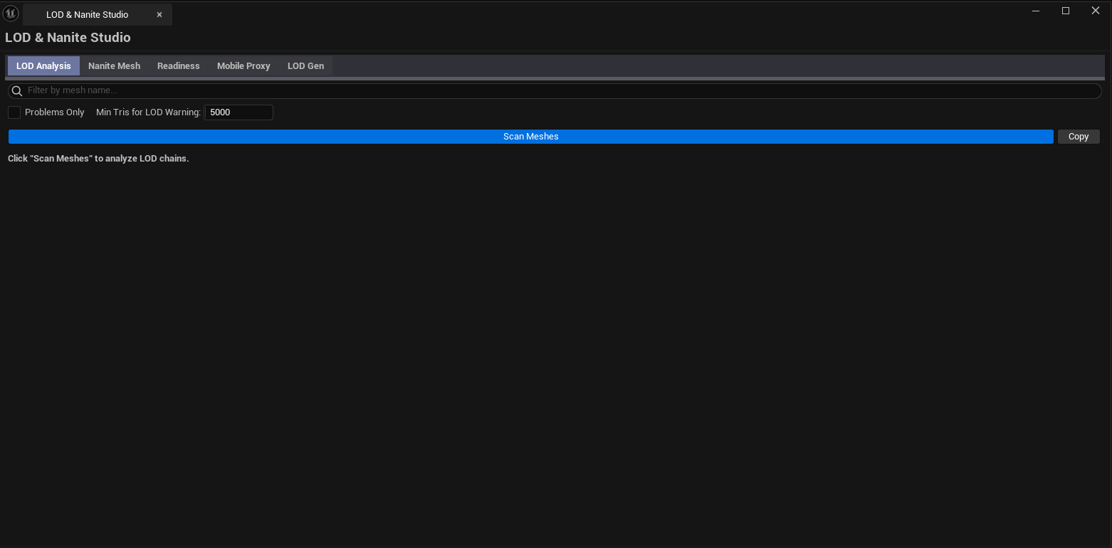 Screenshot 01 — Hero shot — Studio open on the LOD Analysis tab with results visible, tab bar showing all 5 tabs.