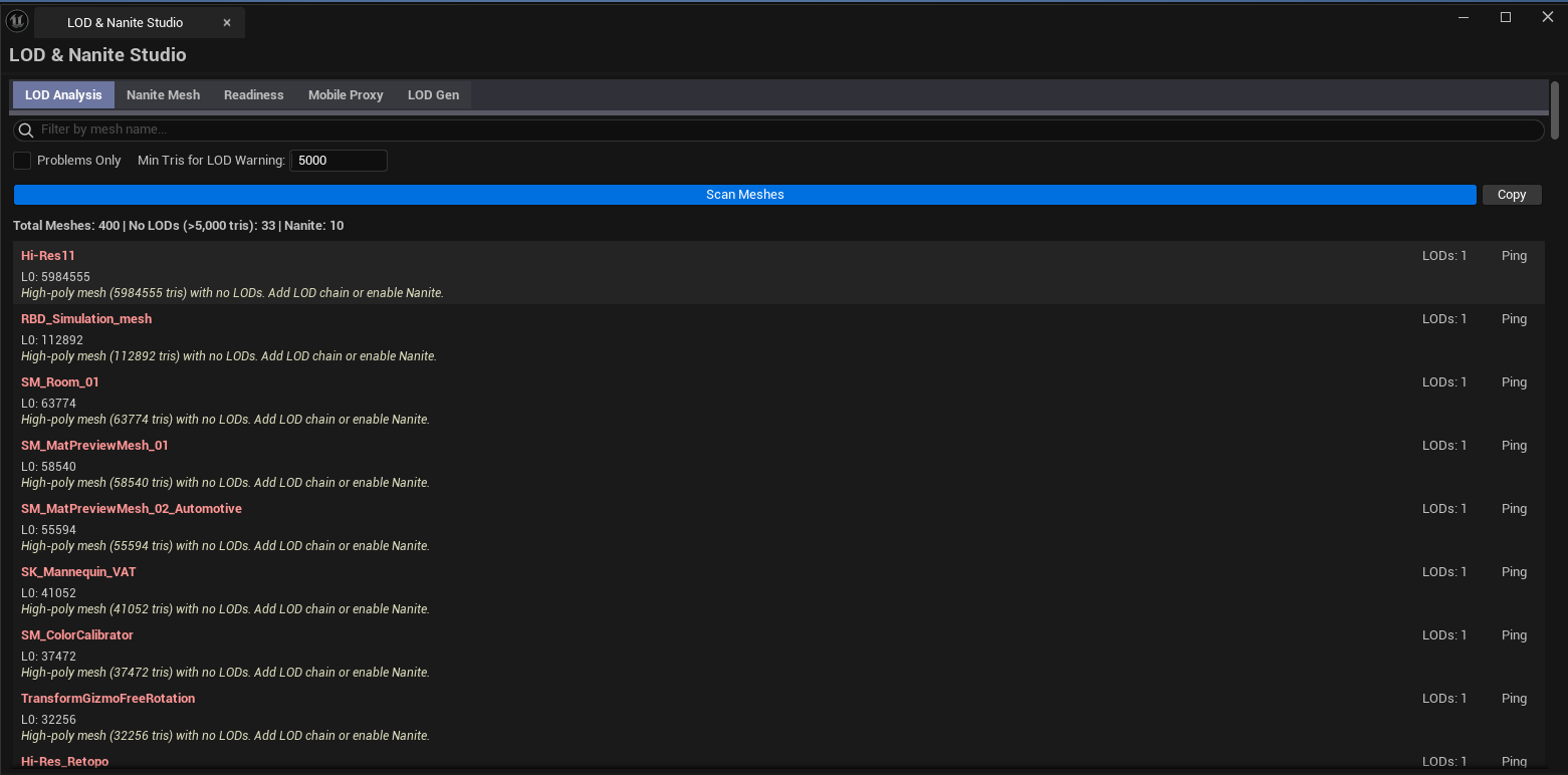 Screenshot 02 — LOD Analysis tab — Results list showing mixed severities, Suggestion column visible.