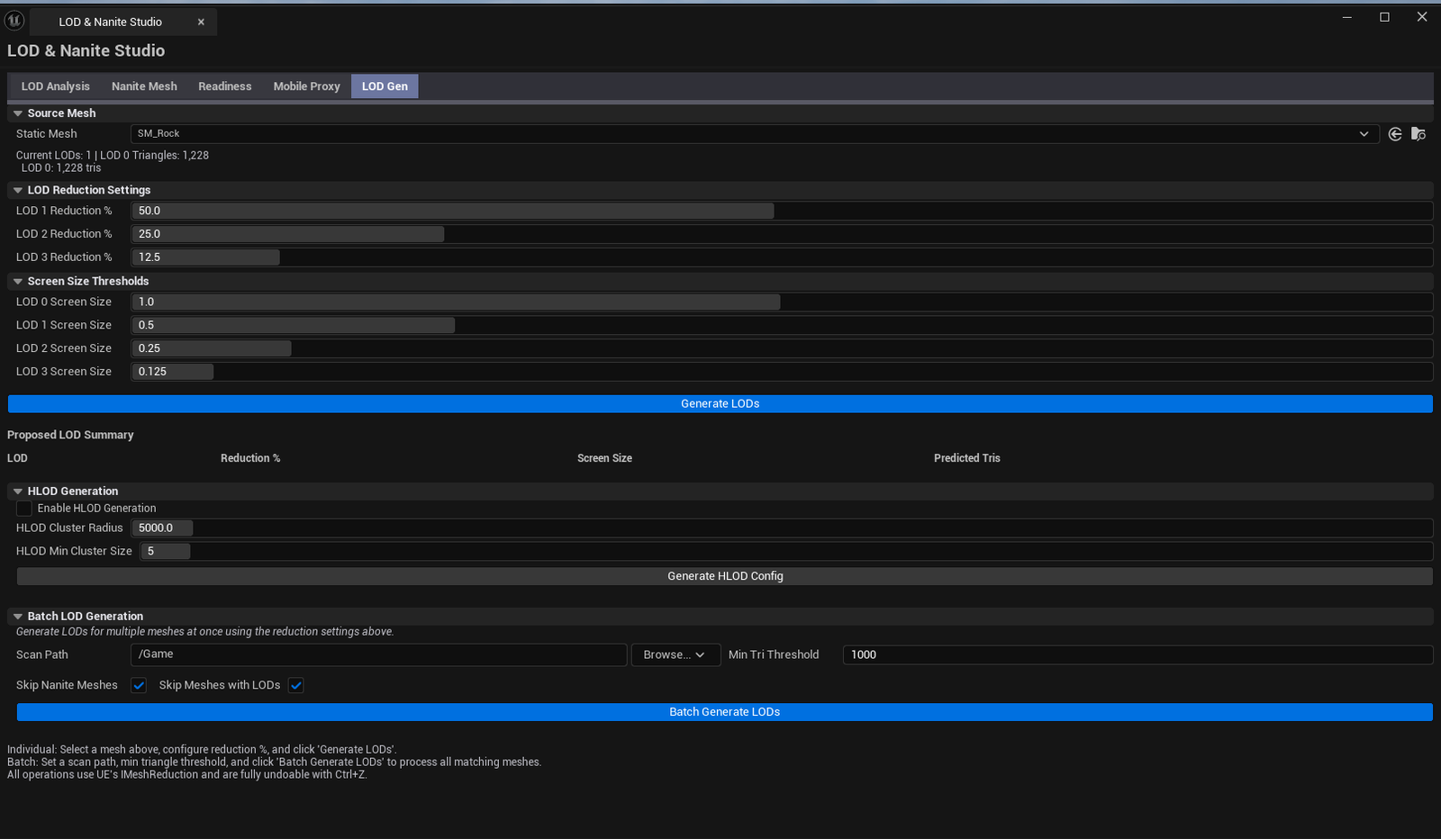 Screenshot 04 — LOD Generator — LOD Gen tab with a source mesh picked, Proposed Levels list visible showing predicted tri counts.