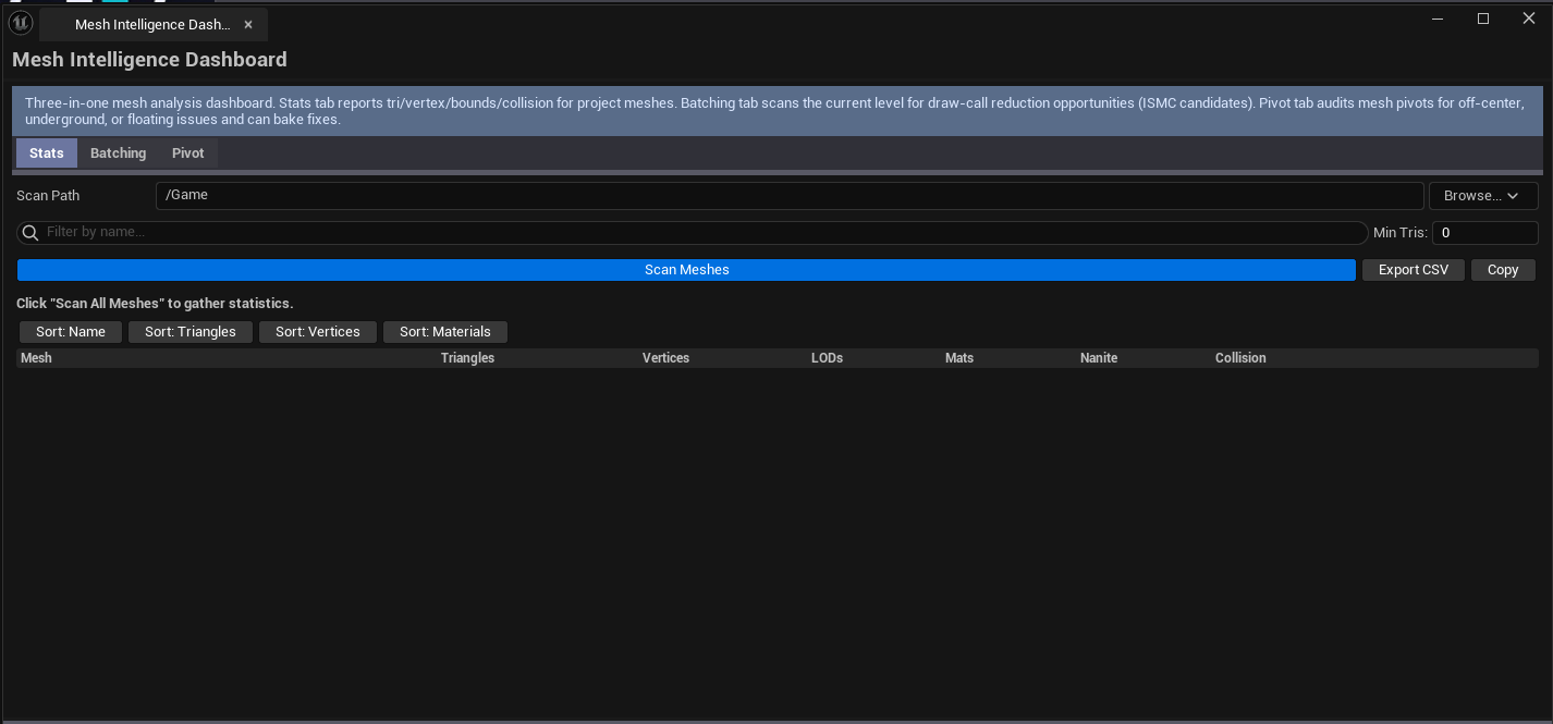 Screenshot 01 — Hero shot — Dashboard open on the Stats tab with a populated, sorted list. Tab bar visible showing all three tabs.