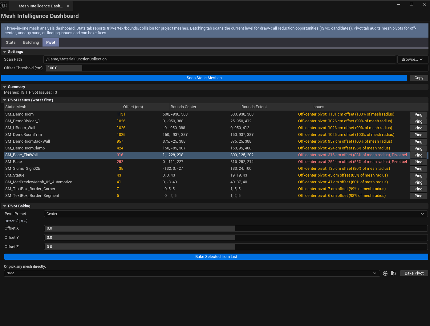 Screenshot 03 — Pivot tab with baking section — Pivot tab with results visible above and the baking controls (preset combo + bake buttons) below.