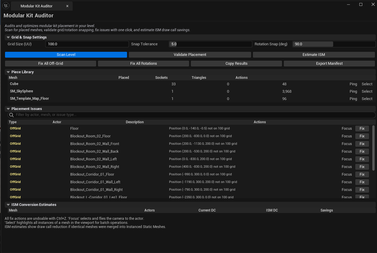 Screenshot 02 — Annotated panel — Full panel with each numbered region called out (settings, primary buttons, fix buttons, piece library, issues, ISM).