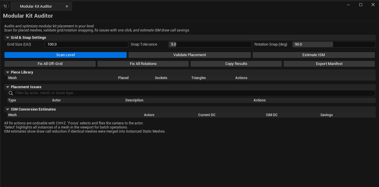 Screenshot 01 — Hero shot — Tool open after a scan, showing populated Piece Library, Placement Issues with mixed severity, and ISM Conversion Estimates with savings numbers.