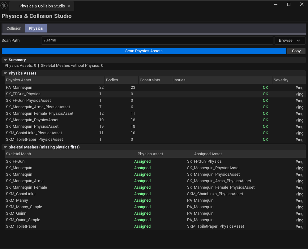 Screenshot 03 — Physics tab with results — Both lists populated, showing a mix of OK and Warning entries.