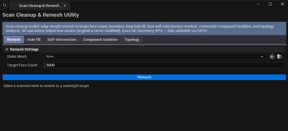 Screenshot 01 — Hero shot — Tool open on the Remesh tab with a heavy mesh selected, target face count visible, before/after comparison if possible.