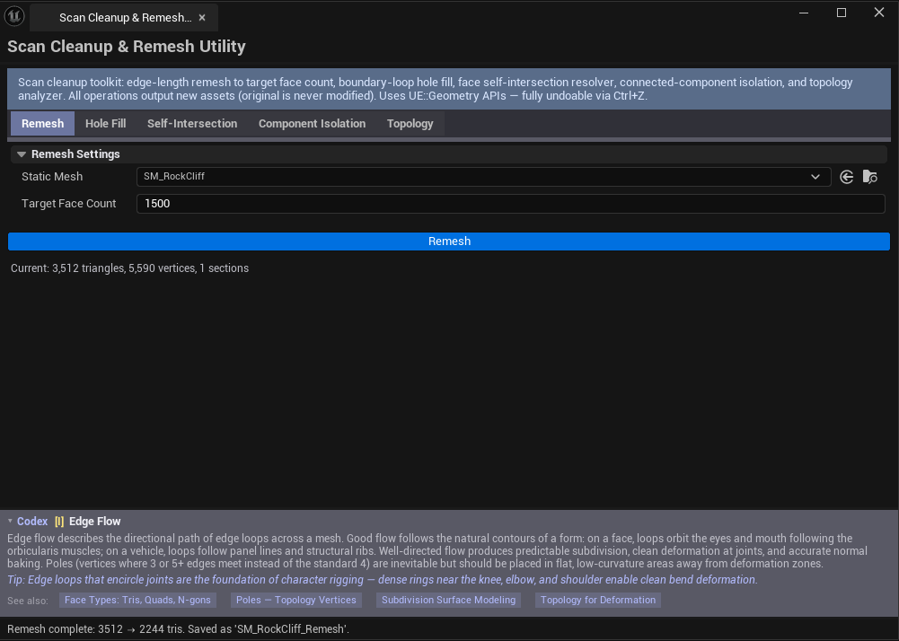 Screenshot 02 — Remesh result — Side-by-side: original dense scan vs. remeshed output at 5000 faces.