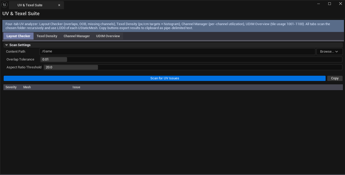 Screenshot 01 — Hero shot — Suite open on the Texel Density tab with results list and density histogram visible.
