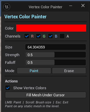 Screenshot 01 — Hero shot — Painter active in viewport, red brush ring visible over a mesh with painted vertex color falloff visible.
