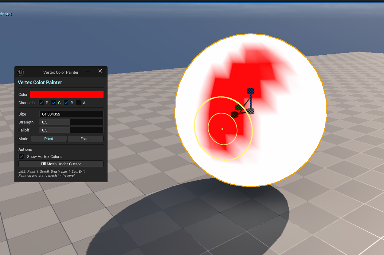 Screenshot 03 — Painted result — Mesh with a clearly painted gradient using channel-masked paint (e.g., red-only channel, soft falloff).
