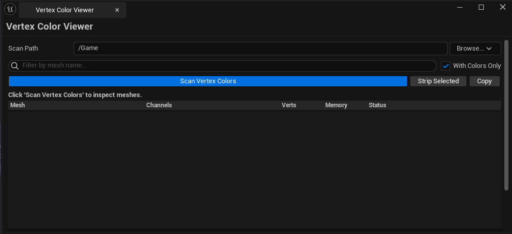 Screenshot 01 — Hero shot — Tool open with /Game/Meshes scanned, results list showing a mix of green (active), yellow (strippable), and gray (no colors) rows.