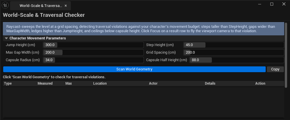 Screenshot 01 — Hero shot — Tool open with a populated violations list, viewport visible behind showing focus pin on a flagged ledge.