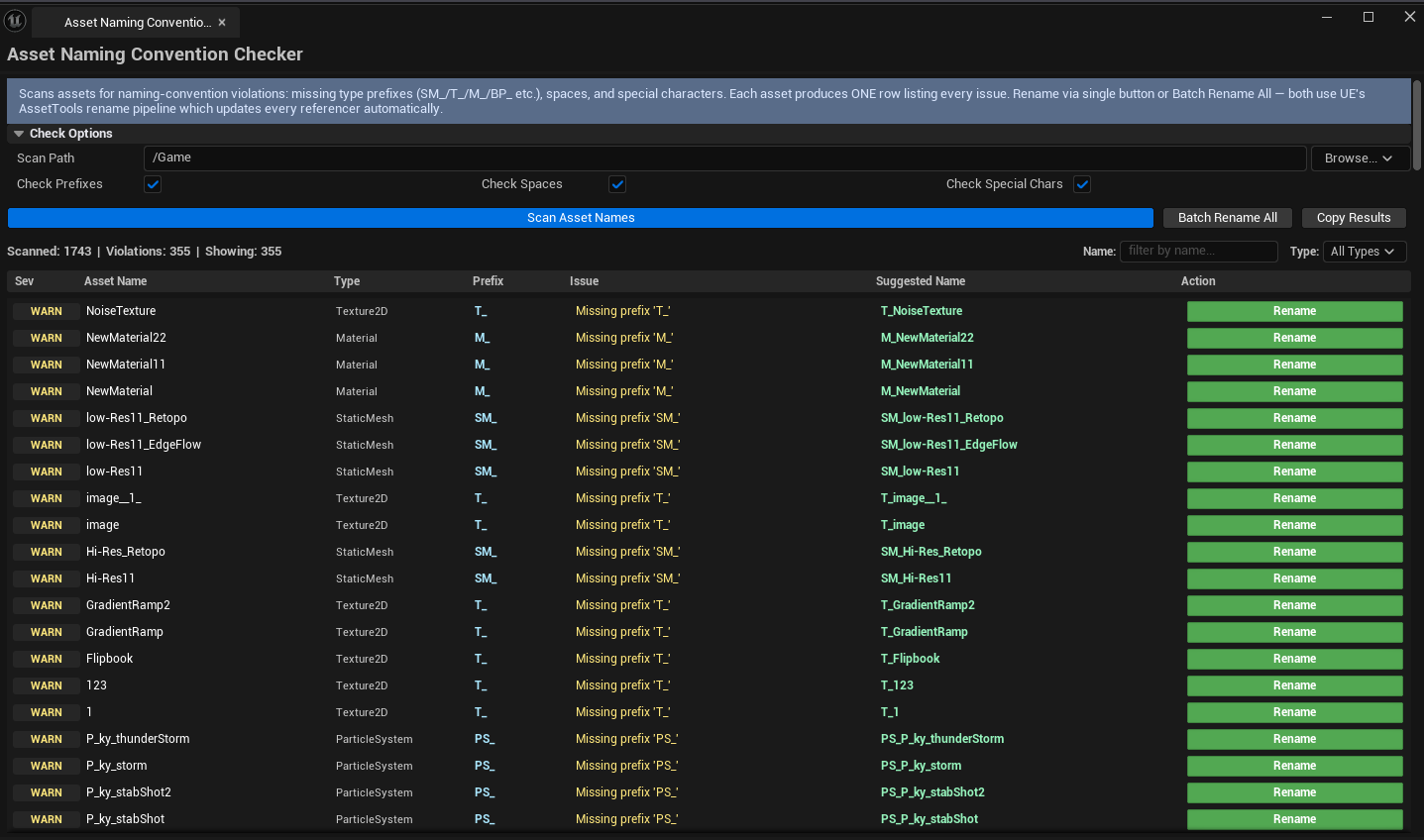 Screenshot 02 — Batch rename — Several violations selected with Suggested Names visible, Batch Rename button highlighted.