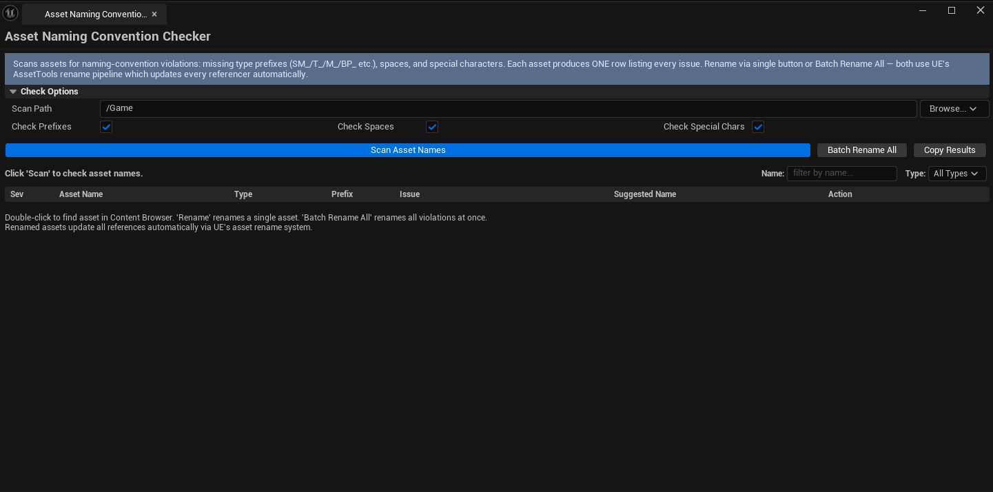 Screenshot 01 — Hero shot — Checker after scan, violations list with mixed Error / Warning entries, Suggested Name column visible.