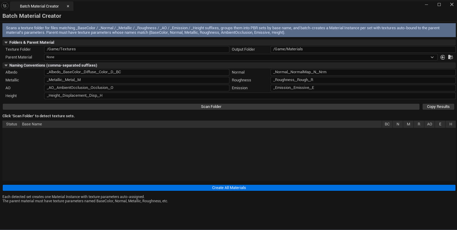 Screenshot 01 — Hero shot — Tool open after a folder scan, detected sets list showing 8–10 material sets with Full PBR / Partial flags, parent material selected.