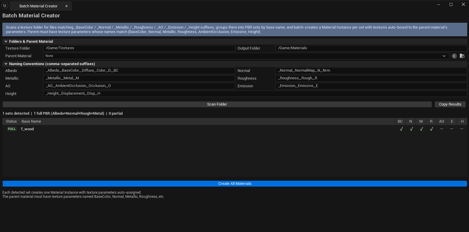 Screenshot 02 — Detected sets — Sets list with mix of Full PBR + Partial flags visible.