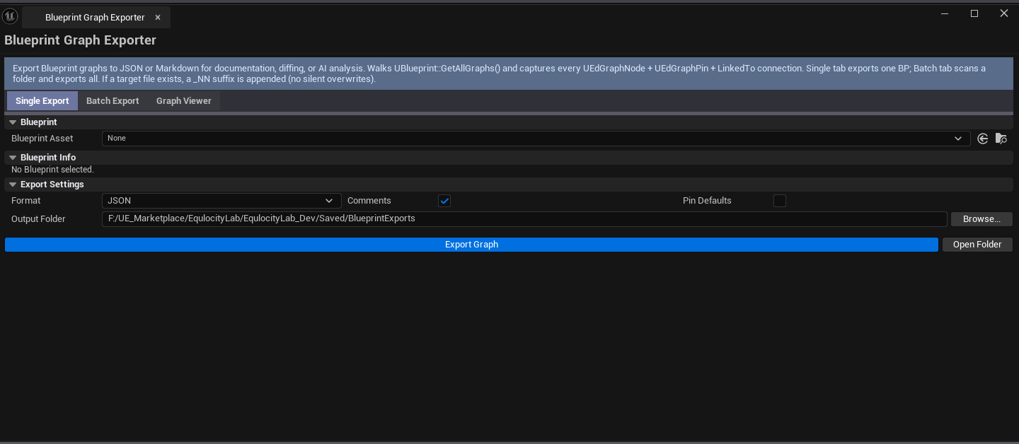 Screenshot 01 — Hero shot — Exporter on Single Export tab with a Blueprint loaded, format set to Markdown, graph + node count visible.