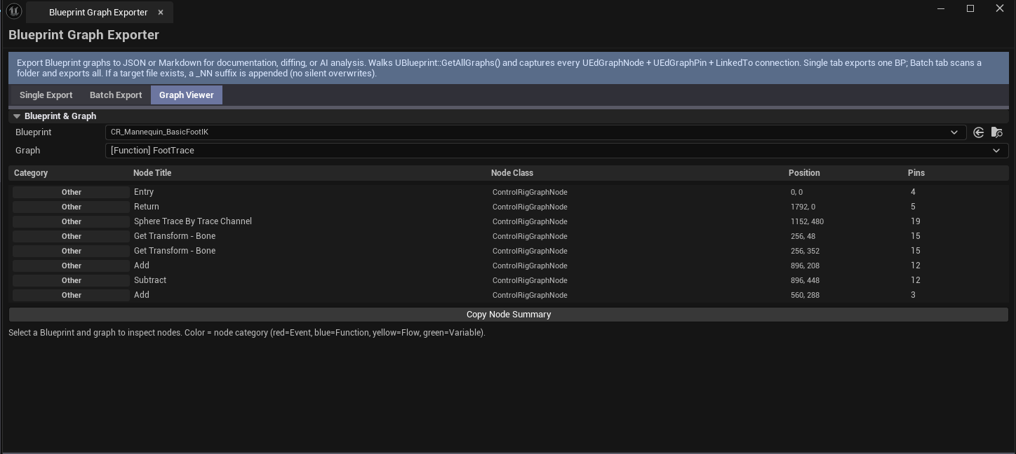 Screenshot 02 — Graph Viewer — Viewer with a Blueprint loaded, graph picked, nodes list showing color-coded categories.