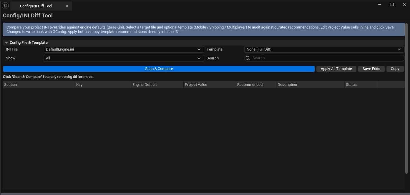 Screenshot 01 — Hero shot — Diff tool with DefaultEngine.ini scanned, mix of Default / Overridden / Added entries visible.