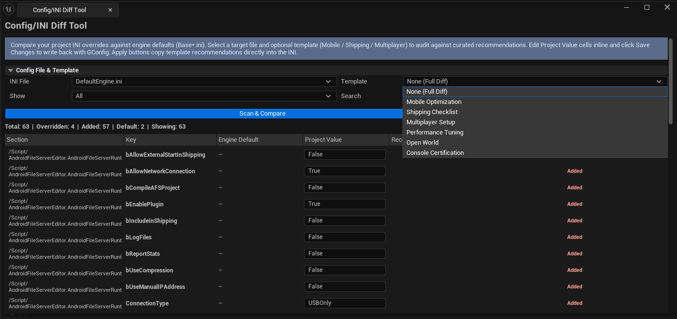Screenshot 02 — Template apply — Mobile template selected, recommended values visible in the right column, several Apply actions ready.
