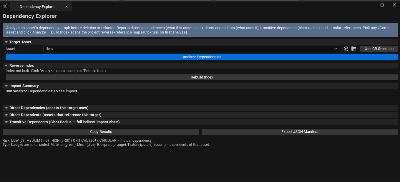 Screenshot 01 — Hero shot — Explorer with target asset analyzed, three lists visible (Dependencies / Direct Dependents / Transitive), risk level callout.