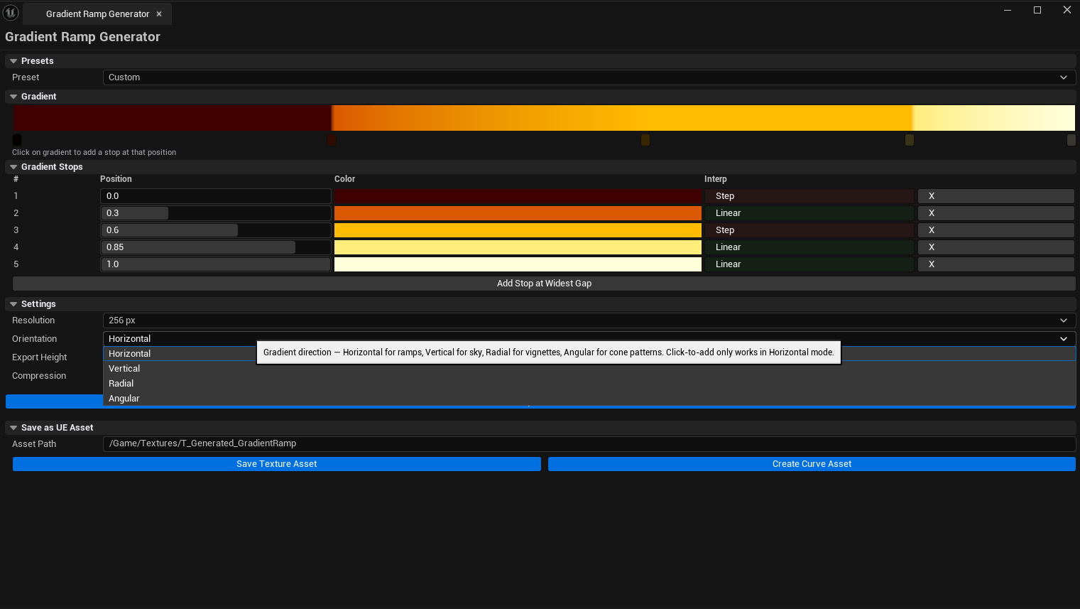 Screenshot 02 — Step interpolation — Stops with mixed Linear/Step interpolation visible, preview showing hard cuts.