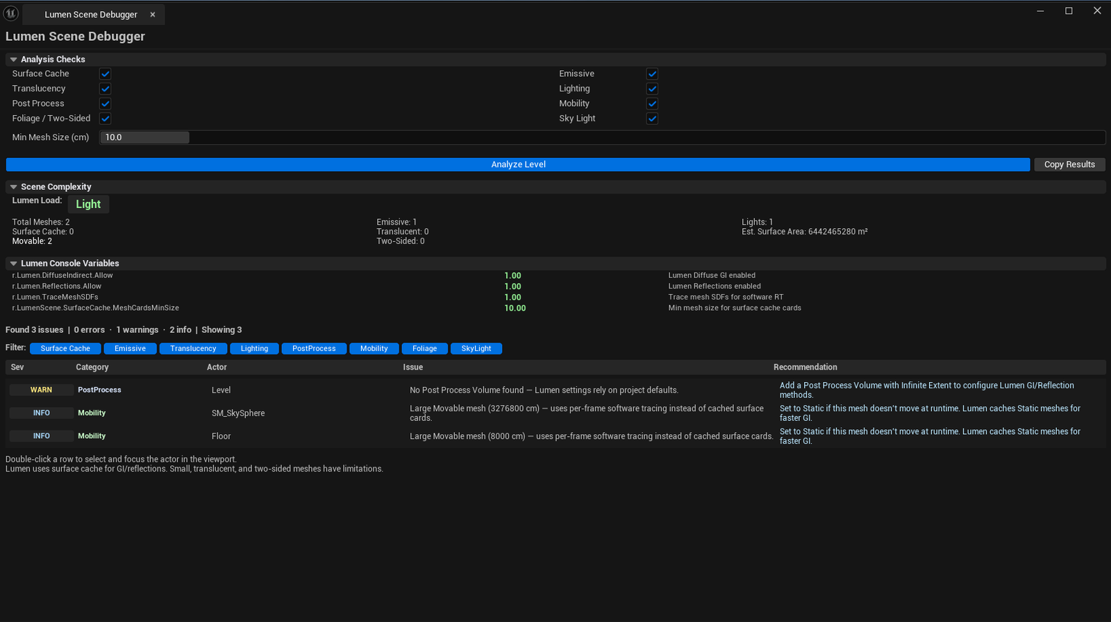 Screenshot 02 — Issues categorized — Issues list filtered to Surface Cache + Translucency, several rows visible with recommendations.