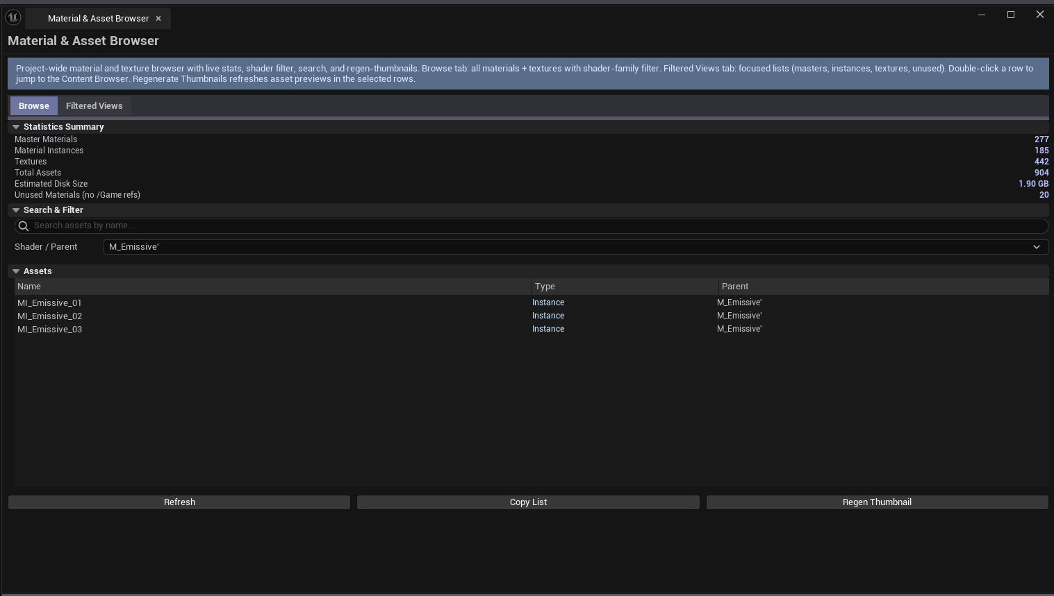 Screenshot 02 — Filtered to Master Materials — Filtered Views tab with Master Materials filter active, list showing only parent UMaterials.