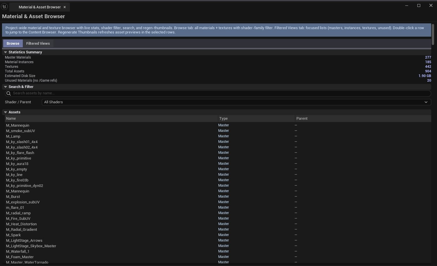 Screenshot 01 — Hero shot — Browser open on Filtered Views tab with Master Materials filter, project stats visible above, results list below.