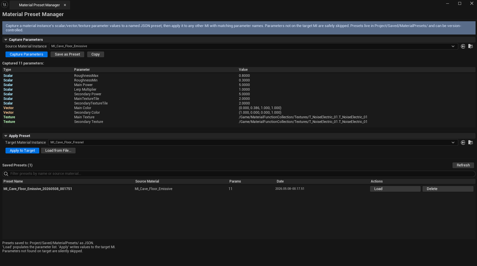Screenshot 02 — Apply flow — Preset loaded from list, captured params visible, target MI configured, Apply to Target button highlighted.