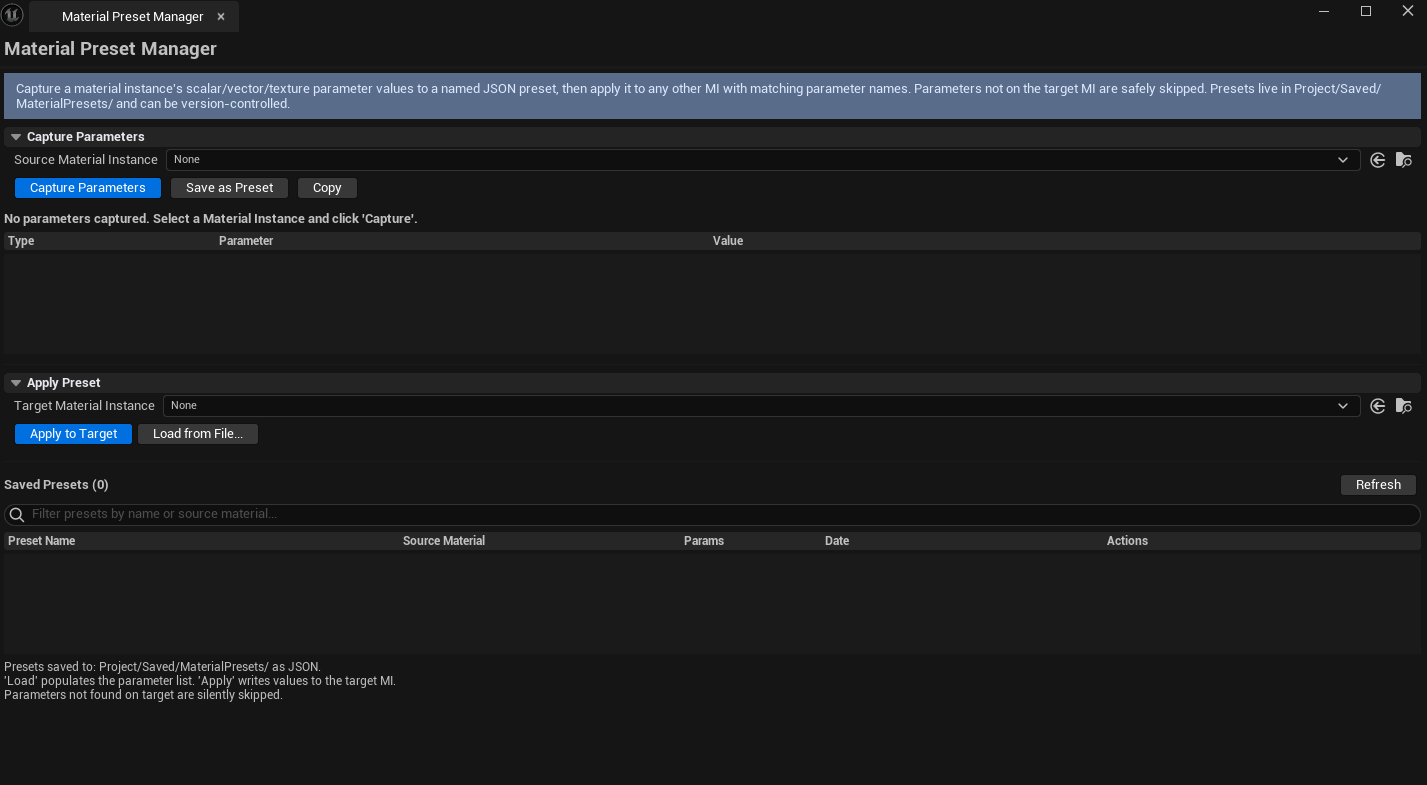 Screenshot 01 — Hero shot — Manager with a source MI picked, captured params visible, preset list on the side showing several saved presets.