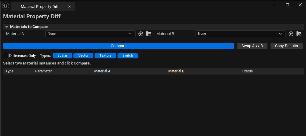 Screenshot 01 — Hero shot — Diff with two MIs picked, results showing mix of Different / Same / Redundant entries, color swatches visible for vector params.