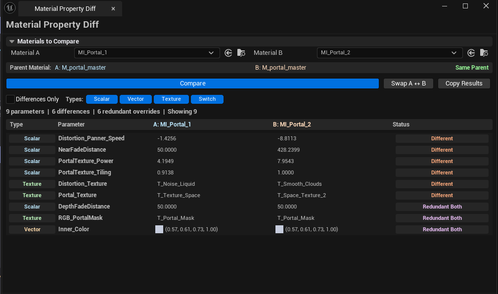 Screenshot 02 — Different vector — Diff list showing a vector parameter with different values in A vs B, color swatches visible.