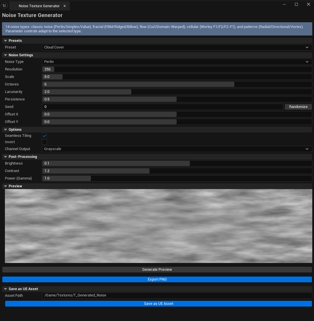 Screenshot 01 — Hero shot — Tool open with Perlin FBM generated, preview visible, parameter sliders configured.