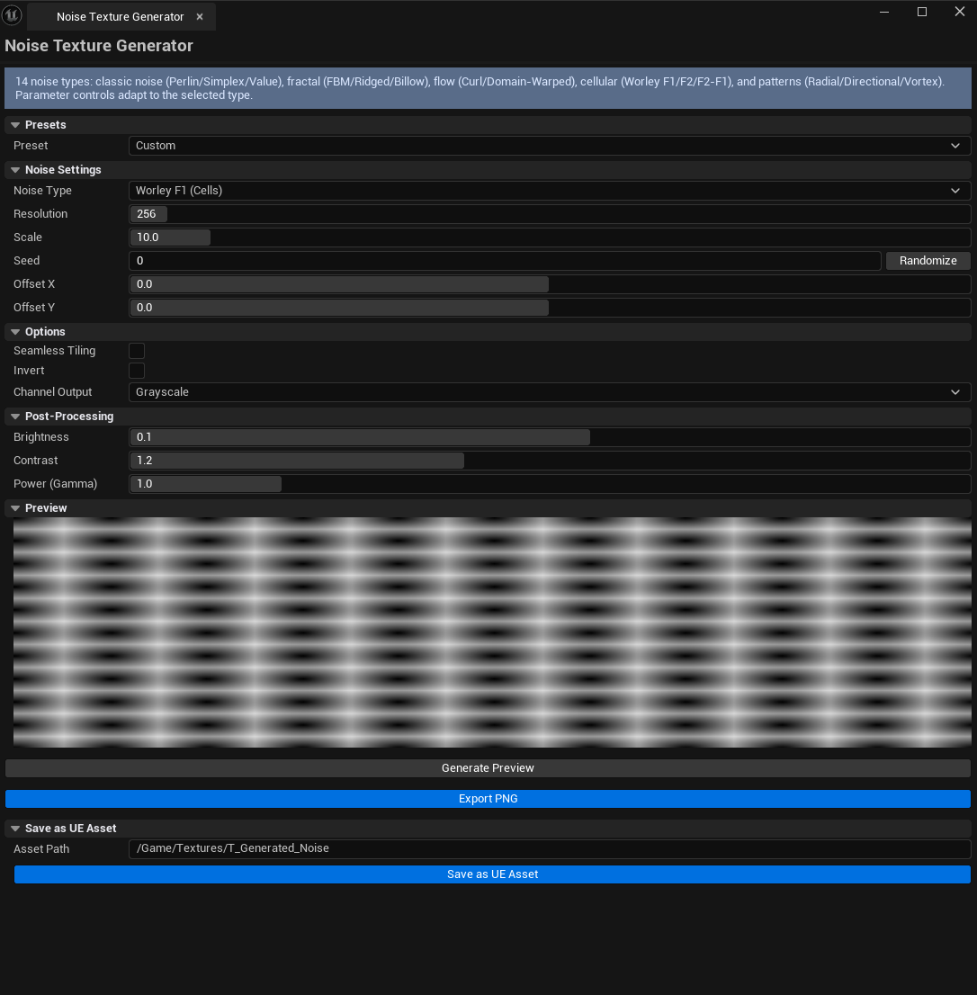Screenshot 02 — Worley pattern — Worley F2-F1 mode generated, ridged-cell preview visible.