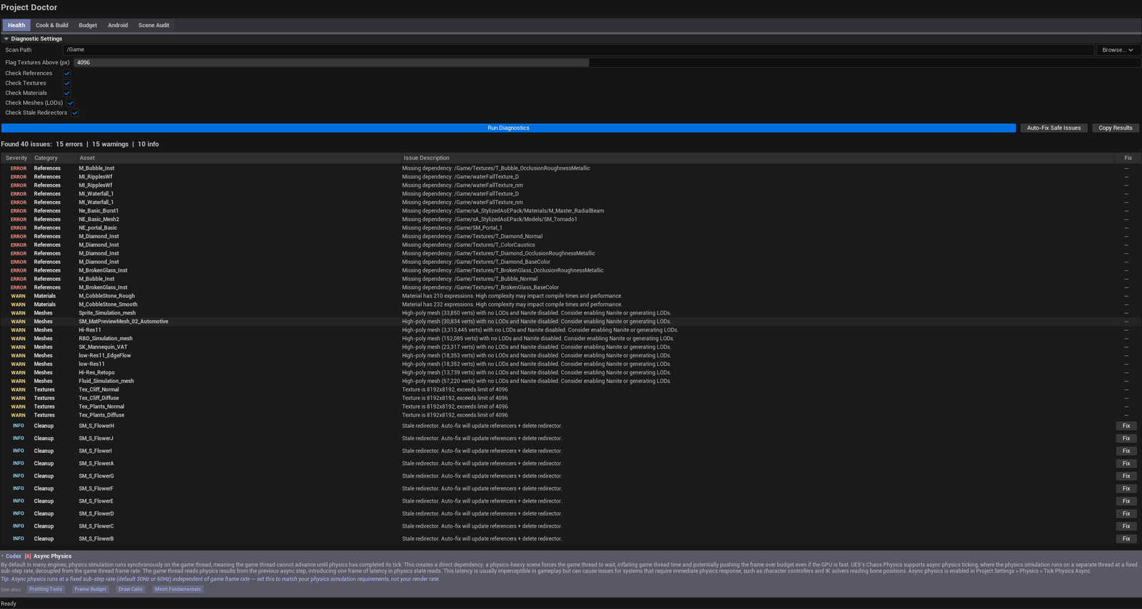 Screenshot 02 — Scene Audit — Scene Audit tab with results list showing materials / textures / meshes / hotspots / tick conflicts, summary block at top.