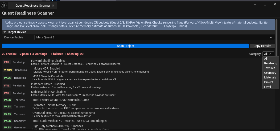 Screenshot 02 — Failed checks — Filtered to Fail-only with several failed checks visible and fix recommendations.