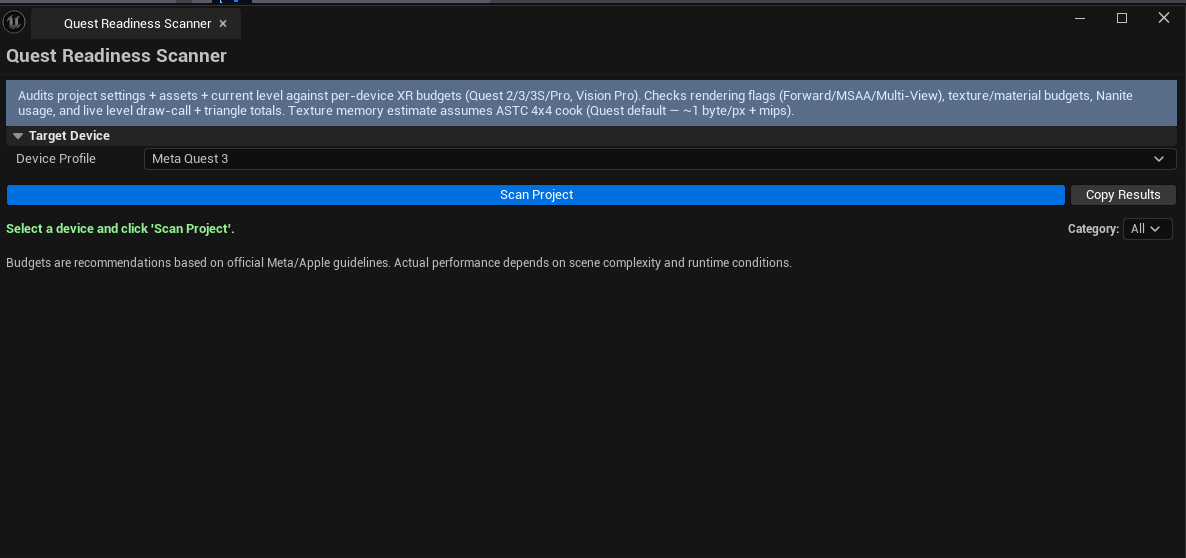 Screenshot 01 — Hero shot — Scanner with Quest 3 selected, mixed Pass / Warning / Fail results across categories, summary at top.