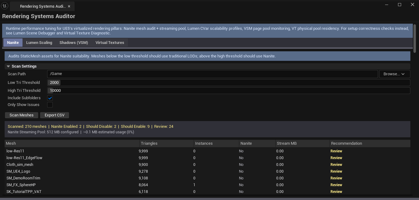 Screenshot 01 — Hero shot — Auditor on Nanite tab with mesh suitability stats and streaming pool monitor visible.