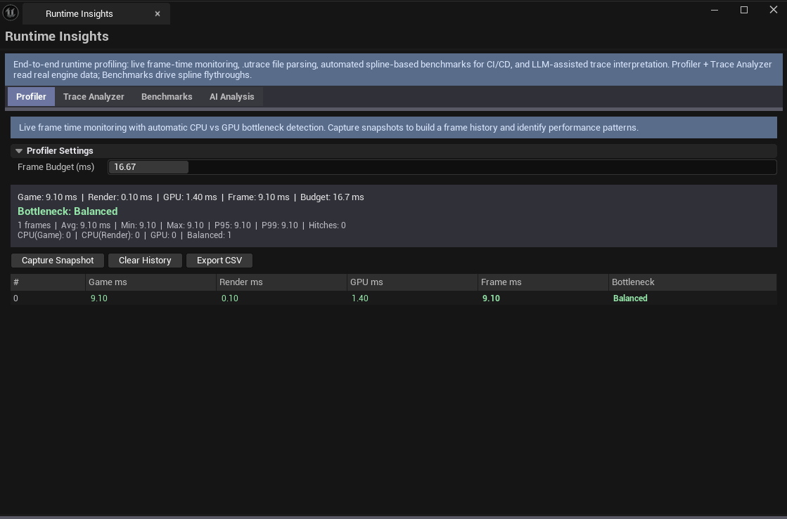Screenshot 02 — Benchmark run — Benchmark tab with spline path defined, frame-time graph visible after a run.