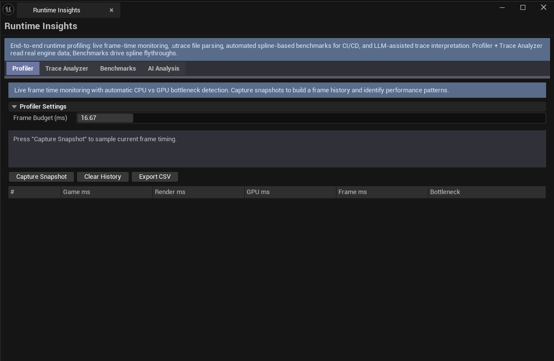 Screenshot 01 — Hero shot — Runtime Insights on Profiler tab with live frame metrics, CPU/GPU bottleneck classification visible.