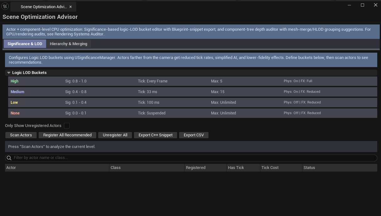 Screenshot 01 — Hero shot — Advisor on Significance tab with bucket editor visible, actor list categorized by significance level.