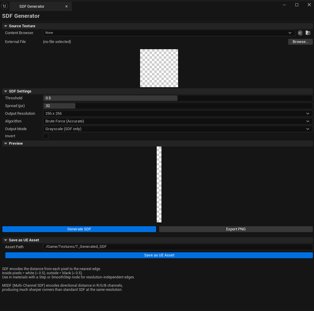 Screenshot 01 — Hero shot — Tool open with a logo source loaded, SDF preview visible at the bottom showing the smooth distance gradient.