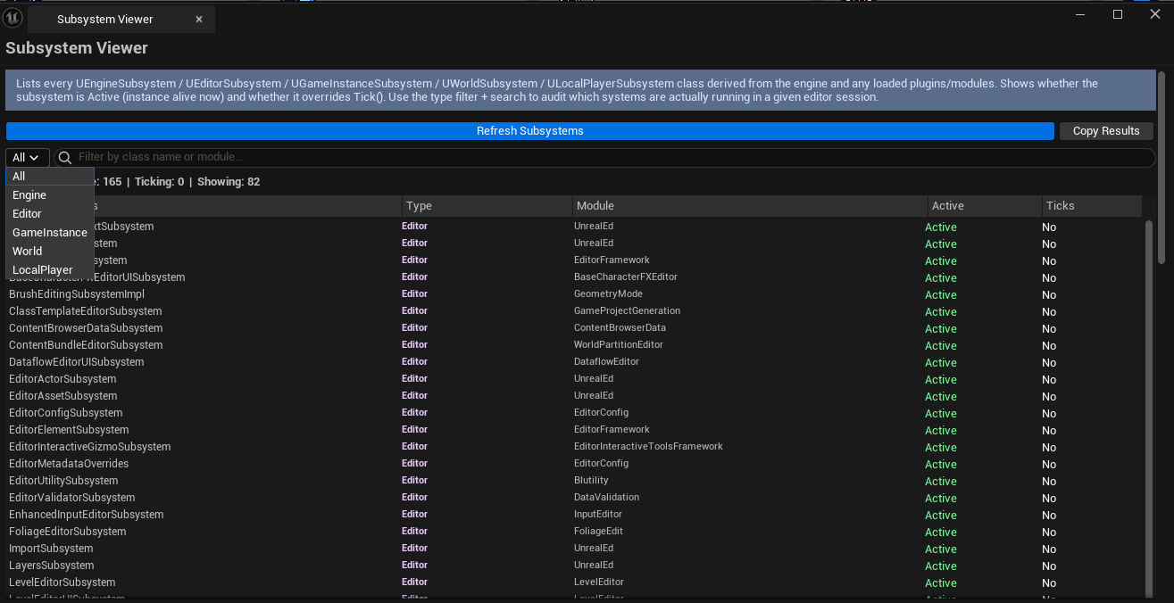 Screenshot 01 — Hero shot — Viewer with subsystems list populated, type filter dropdown showing tab options.