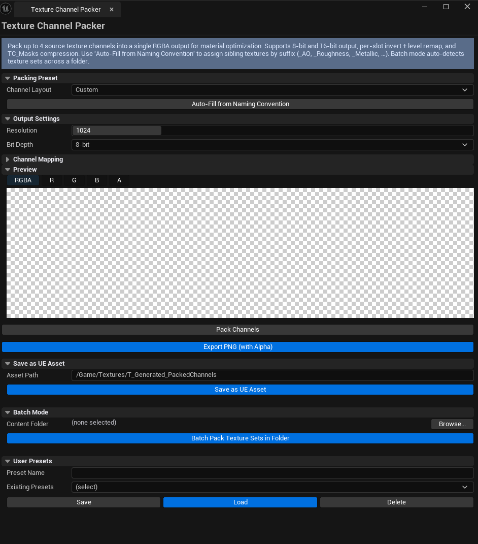 Screenshot 02 — Auto-detect filling slots — Auto-Detect Texture Set just ran, all 4 slots populated with matching _AO, _Rough, _Metal textures.
