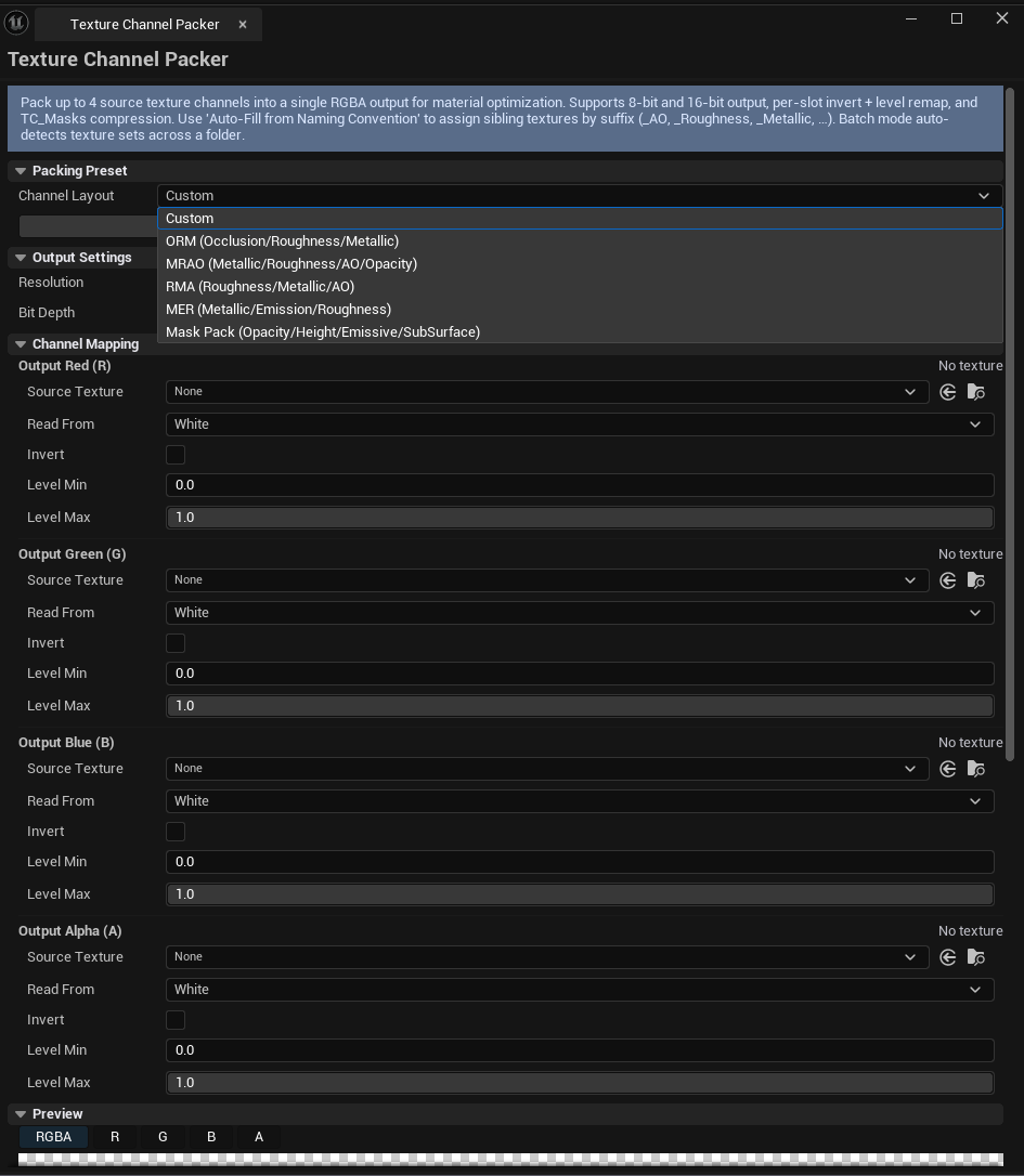 Screenshot 01 — Hero shot — Packer with 4 channel slots filled in for ORM packing, preview showing the packed texture, batch mode panel visible.
